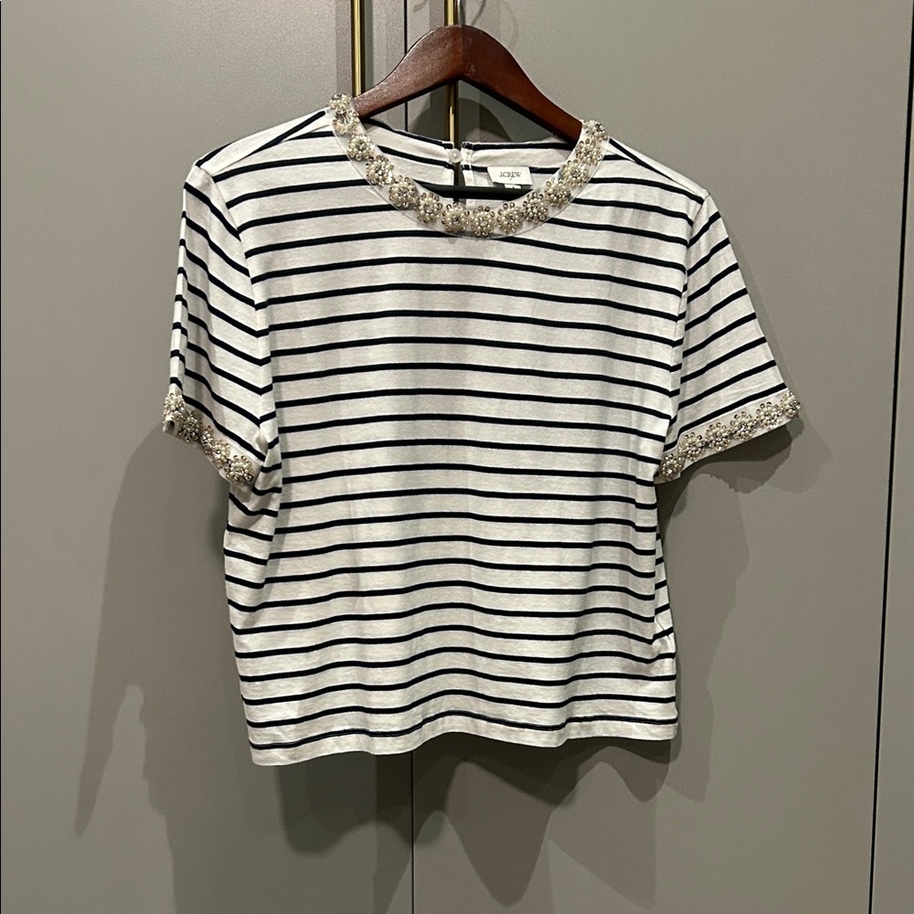 J. Crew Factory Navy and White Striped Tee with Embellished Details
